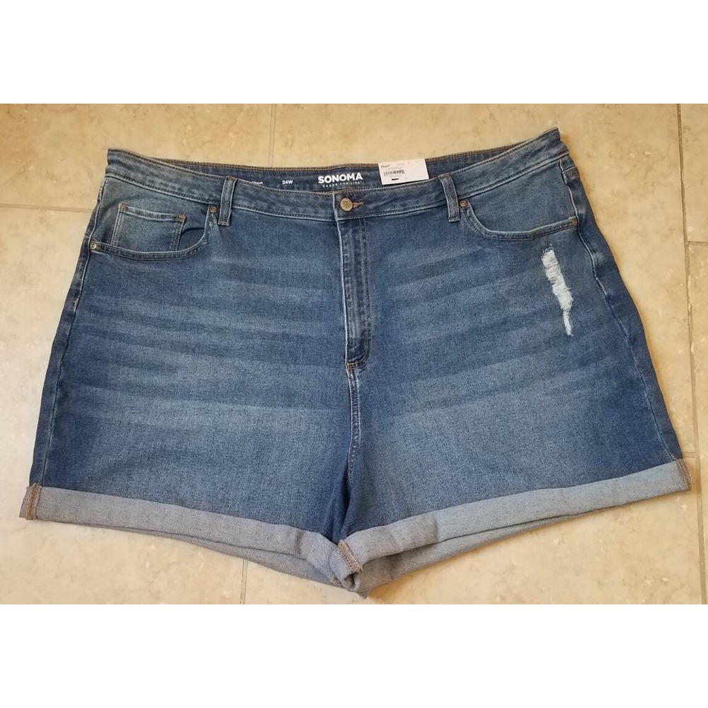 Sonoma Women Mom Jean Shorts Distressed Cuffed Medium Wash Blue Sz 24W NEW‎